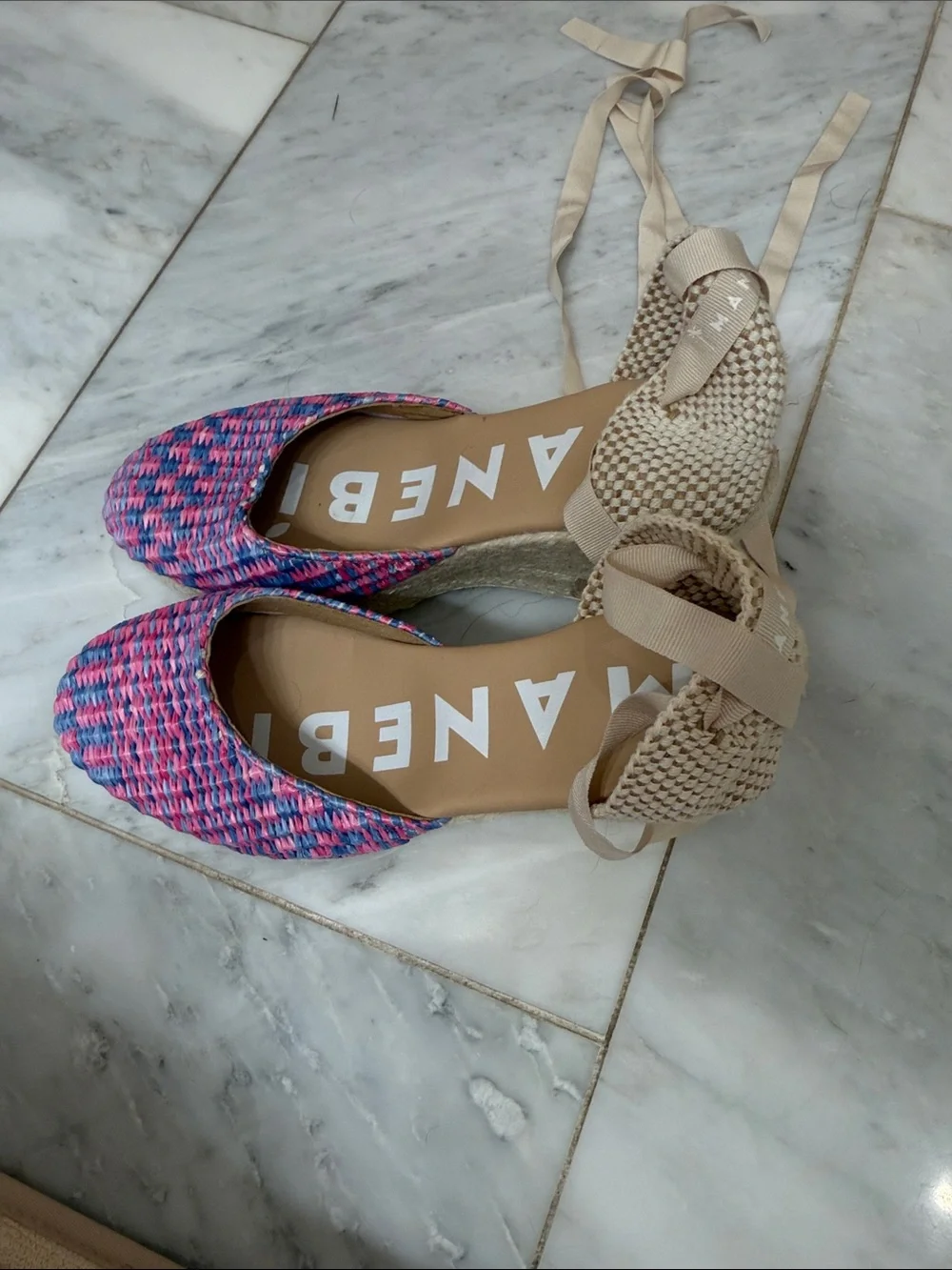 Manebi Pink & Blue Woven Espadrille Flats with Cream Ankle Ties